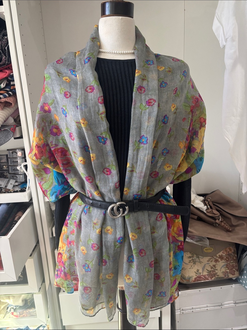 Light Gray Floral Sheer Scarf Wrap - Multi-Color Floral Pattern